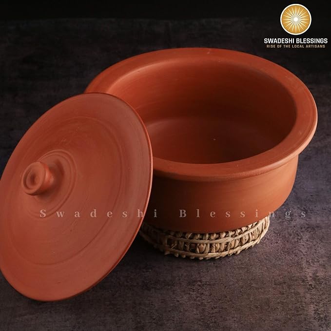 Unglazed Clay Handi/ Handmade Earthen Kadai/ Mud Handi/ Mitti Ke Bartan/ Clay Pot for Cooking &amp; Serving with Lid, (with Mirror Shine) + Free ASH for Cleaning