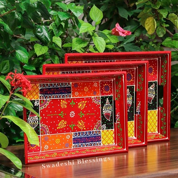 Wooden Serving Tray Set- Handcrafted &amp; Hand-Painted for Kitchen/Table &amp; Home Decor- Red