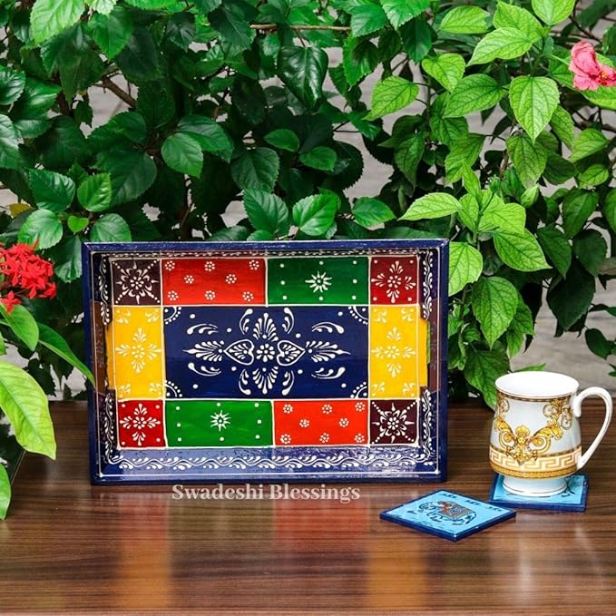 Wooden Serving Tray Set- Handcrafted &amp; Hand-Painted for Kitchen/Table &amp; Home Decor- Blue