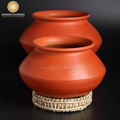 Swadeshi Blessings Exclusive Range Unglazed Mud/Earthen Handi/Mitti Ke Bartan/Clay Pot for Cooking &amp; Serving, (Stone Polished for Mirror Finish) + Free ASH for Cleaning