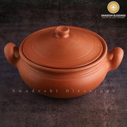 Unglazed Clay Pot For Cooking &amp; Serving with Lid/ Handmade Earthen Kadai / Mud Handi/ Mitti Ke Bartan (With Mirror Finish) + FREE ASH For Cleaning