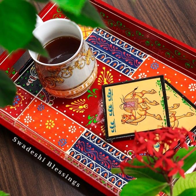 Wooden Tray for Serving- Handcrafted &amp; Hand-Painted for Kitchen/Table &amp; Home Decor/Gifts, (Single Tray) (Red)