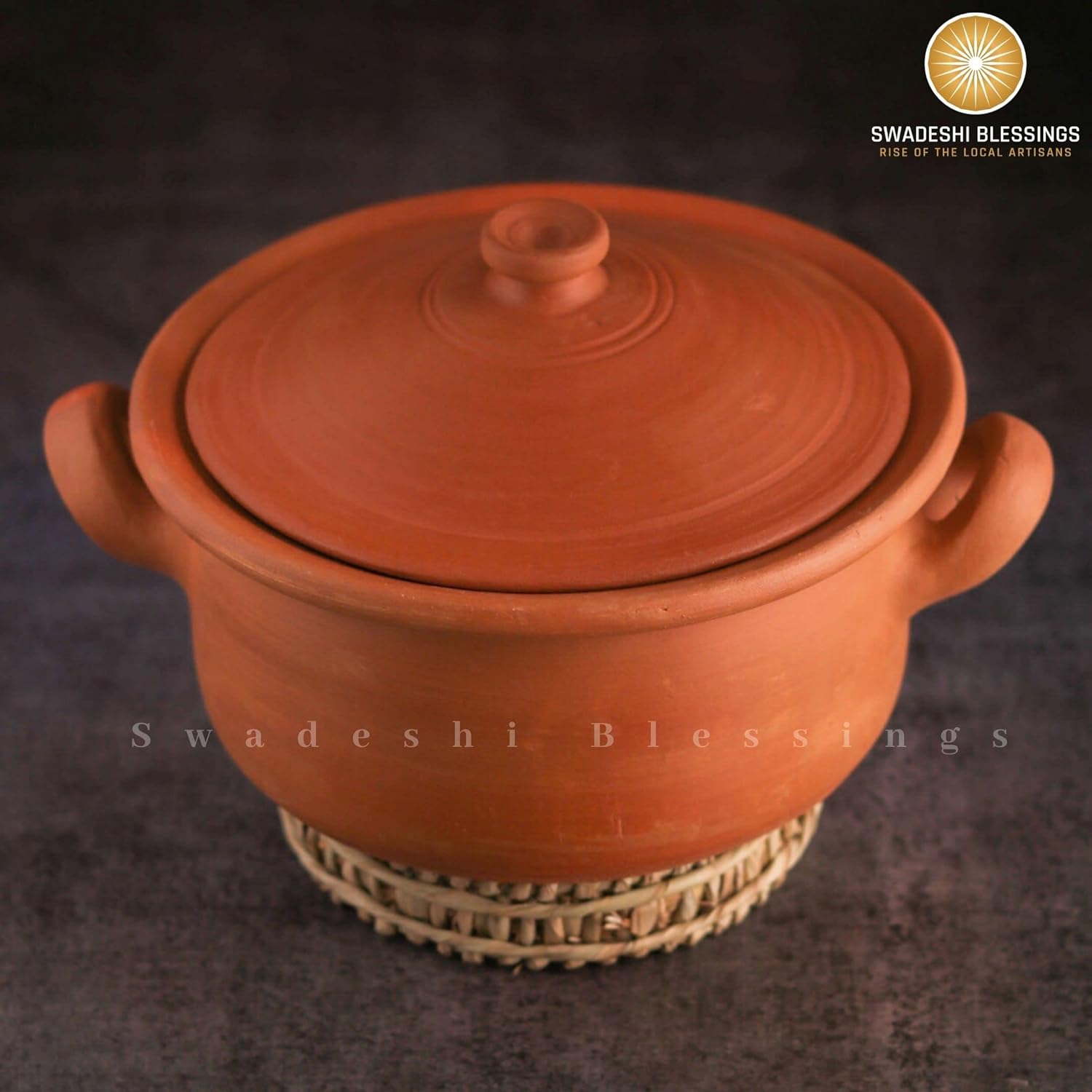 Swadeshi Blessings Exclusive Range Unglazed Clay Pot For Serving with Lid/ Earthen Kadai /Mud Handi/ Mitti Ke Bartan (With Flat Base &amp; Mirror Finish) + FREE ASH For Cleaning