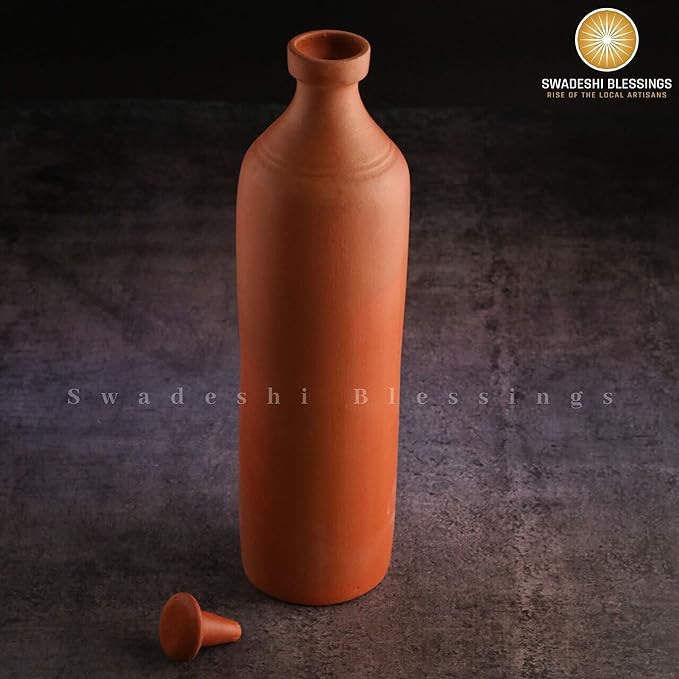 Swadeshi Blessings HandMade Clay Water Bottle, 1L/100 % Eco-Friendly Earthen Water Tumbler/Indian Traditional Water Dispenser/Terracotta Water Jug/Clay Tumbler