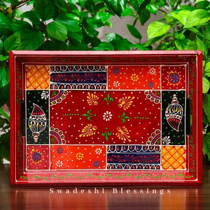 Wooden Serving Tray Set- Handcrafted &amp; Hand-Painted for Kitchen/Table &amp; Home Decor- Red