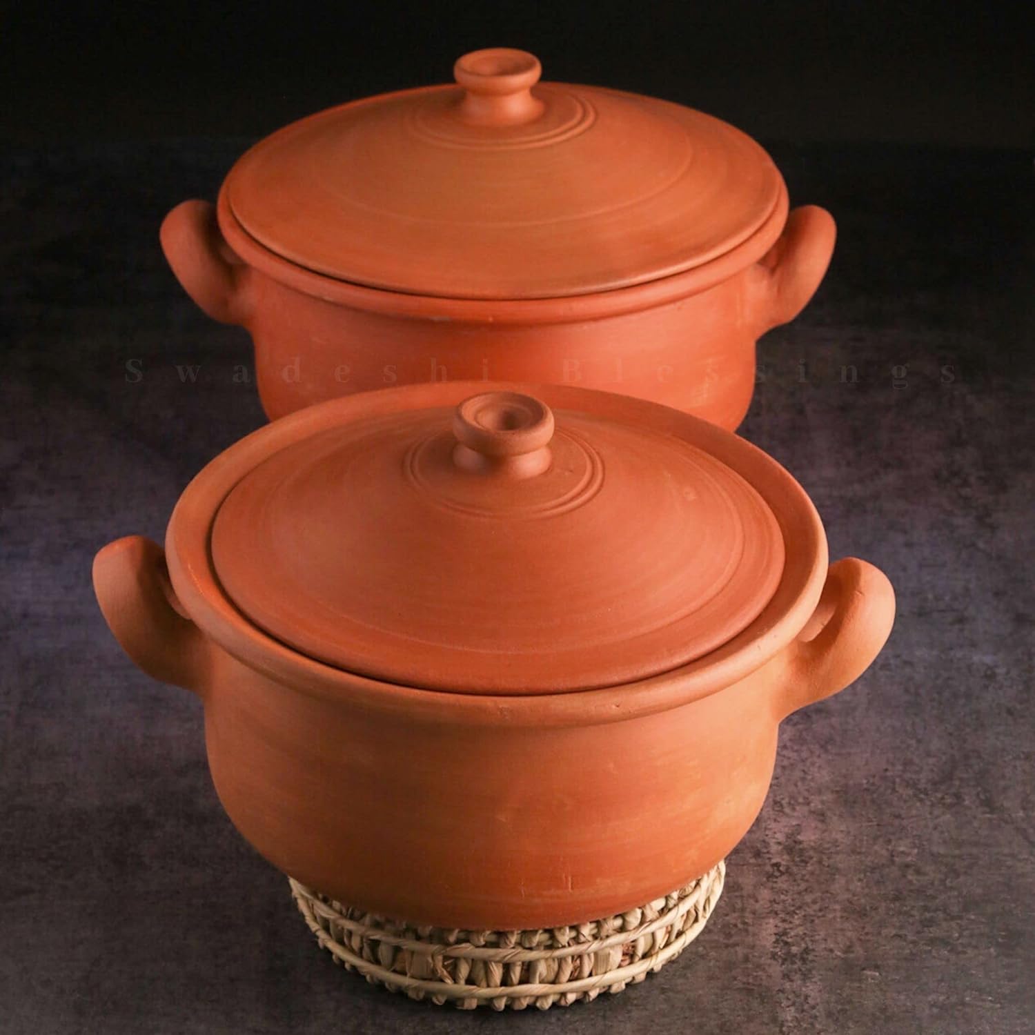 Swadeshi Blessings Exclusive Range Unglazed Clay Pot For Serving with Lid/ Earthen Kadai /Mud Handi/ Mitti Ke Bartan (With Flat Base &amp; Mirror Finish) + FREE ASH For Cleaning