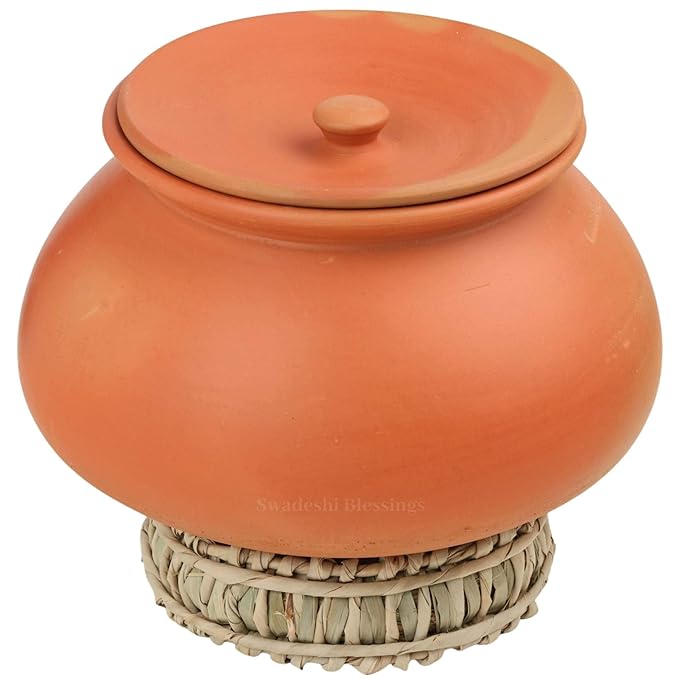 Swadeshi Blessings Exclusive Range Unglazed Mud/Earthen Handi/Mitti Ke Bartan/Clay Pot for Cooking &amp; Serving with Lid, 3 Liters (with Mirror Shine) + Free ASH for Cleaning