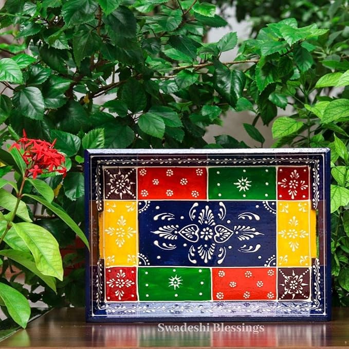 Wooden Tray for Serving- Handcrafted &amp; Hand-Painted for Kitchen/Table &amp; Home Decor/Gifts, (Single Tray) (Blue)