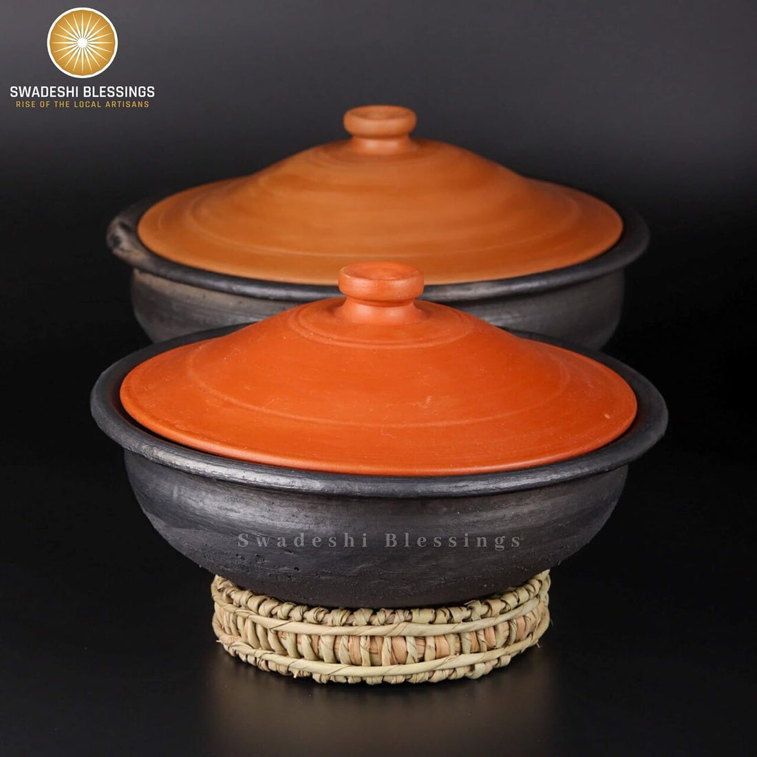 Swadeshi Blessings Exclusive Range Unglazed Earthen Pots/Clay Kadai for Cooking &amp; Serving with Lid 3 Liters (Stone Polished for Mirror Finish) + Free ASH for Cleaning