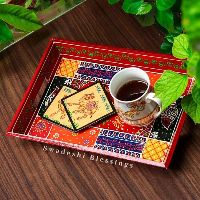 Wooden Serving Tray Set- Handcrafted &amp; Hand-Painted for Kitchen/Table &amp; Home Decor- Red