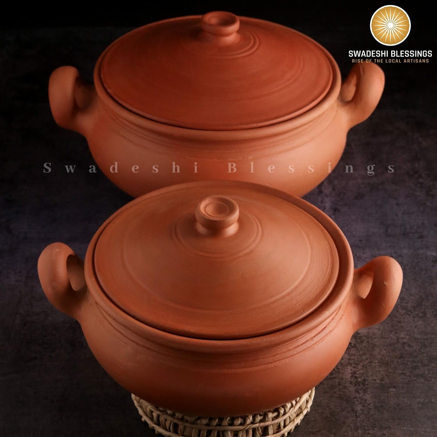 Unglazed Clay Pot For Cooking &amp; Serving with Lid/ Handmade Earthen Kadai / Mud Handi/ Mitti Ke Bartan (With Mirror Finish) + FREE ASH For Cleaning