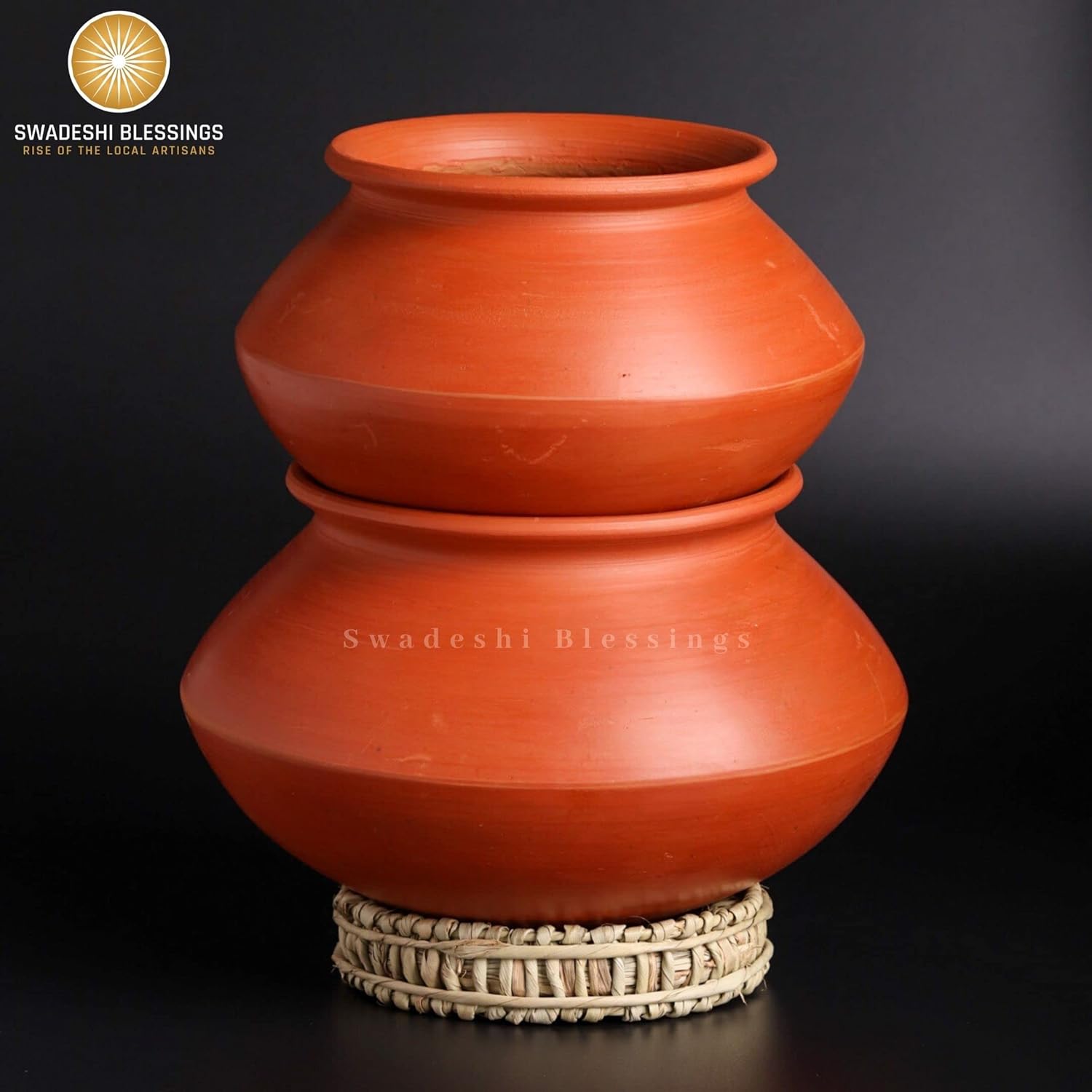 Swadeshi Blessings Exclusive Range Unglazed Mud/Earthen Handi/Mitti Ke Bartan/Clay Pot for Cooking &amp; Serving, (Stone Polished for Mirror Finish) + Free ASH for Cleaning