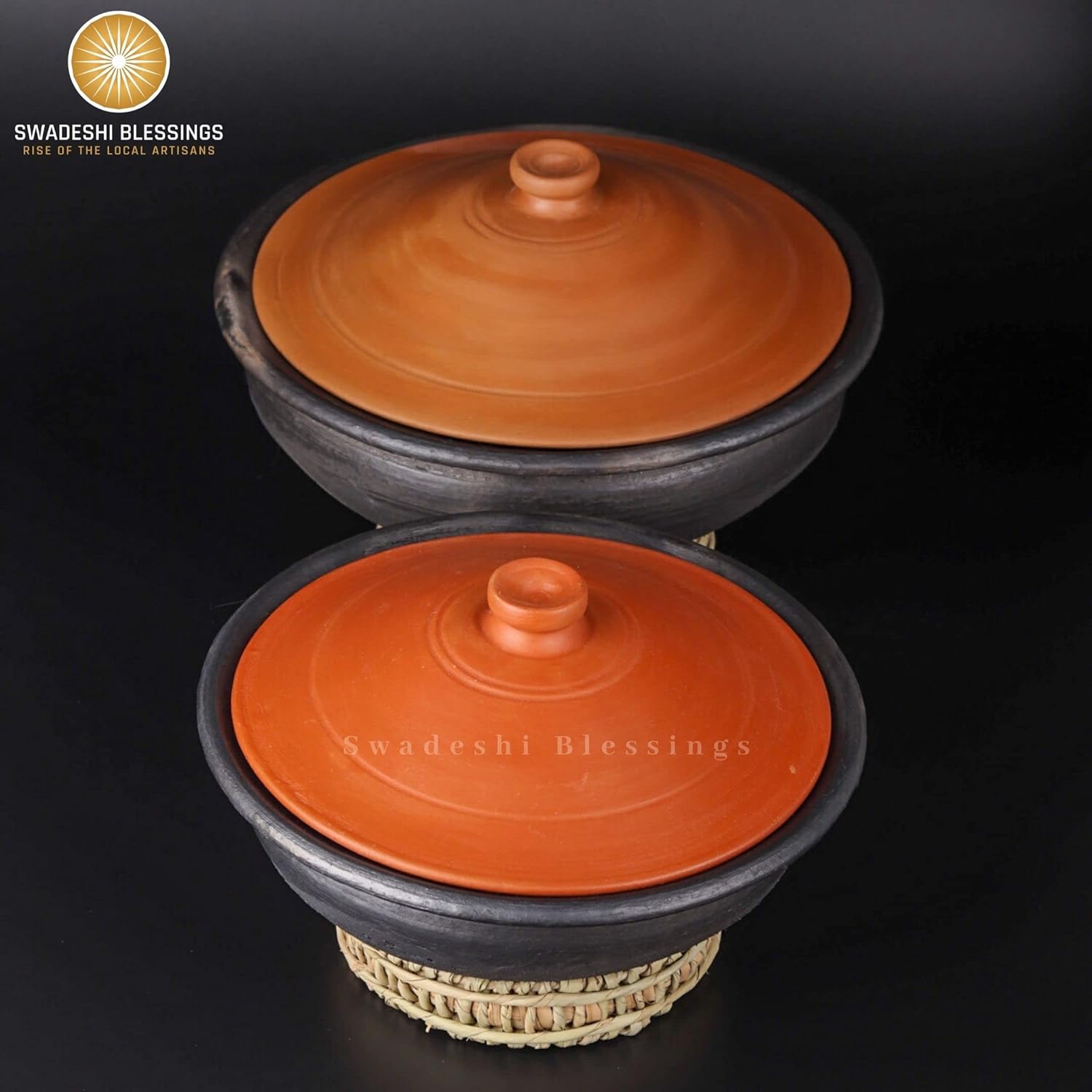 Swadeshi Blessings Exclusive Range Unglazed Earthen Pots/Clay Kadai for Cooking &amp; Serving with Lid 3 Liters (Stone Polished for Mirror Finish) + Free ASH for Cleaning