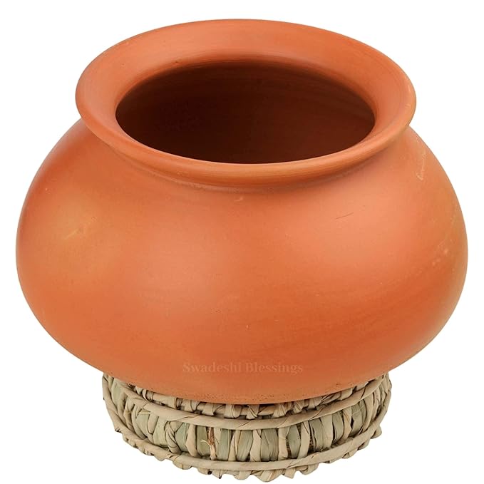 Swadeshi Blessings Exclusive Range Unglazed Mud/Earthen Handi/Mitti Ke Bartan/Clay Pot for Cooking &amp; Serving with Lid, 3 Liters (with Mirror Shine) + Free ASH for Cleaning