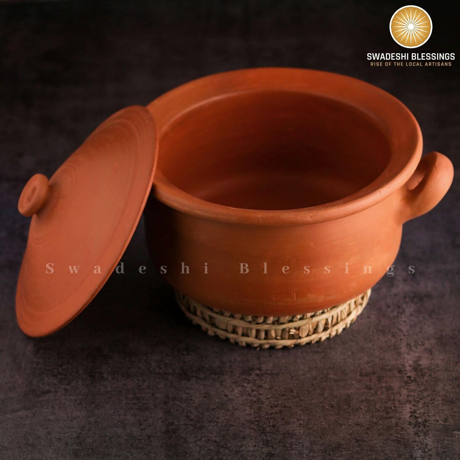 Swadeshi Blessings Exclusive Range Unglazed Clay Pot For Serving with Lid/ Earthen Kadai /Mud Handi/ Mitti Ke Bartan (With Flat Base &amp; Mirror Finish) + FREE ASH For Cleaning