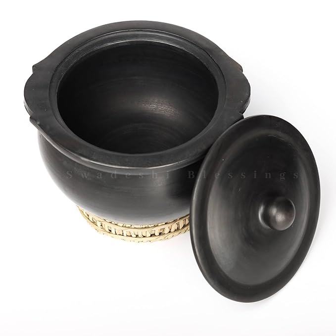 Swadeshi Blessings Unglazed Black Clay Hot Case /Earthen Kadai/Mitti Ke Bartan/Clay Pot for Serving with Lid/Curry, Biryani Pot + Free ASH for Cleaning