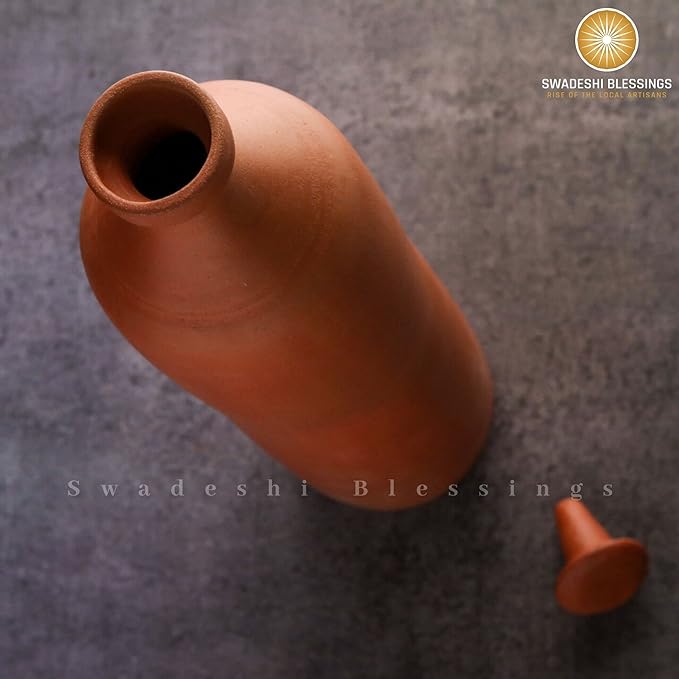 Swadeshi Blessings HandMade Clay Water Bottle, 1L/100 % Eco-Friendly Earthen Water Tumbler/Indian Traditional Water Dispenser/Terracotta Water Jug/Clay Tumbler