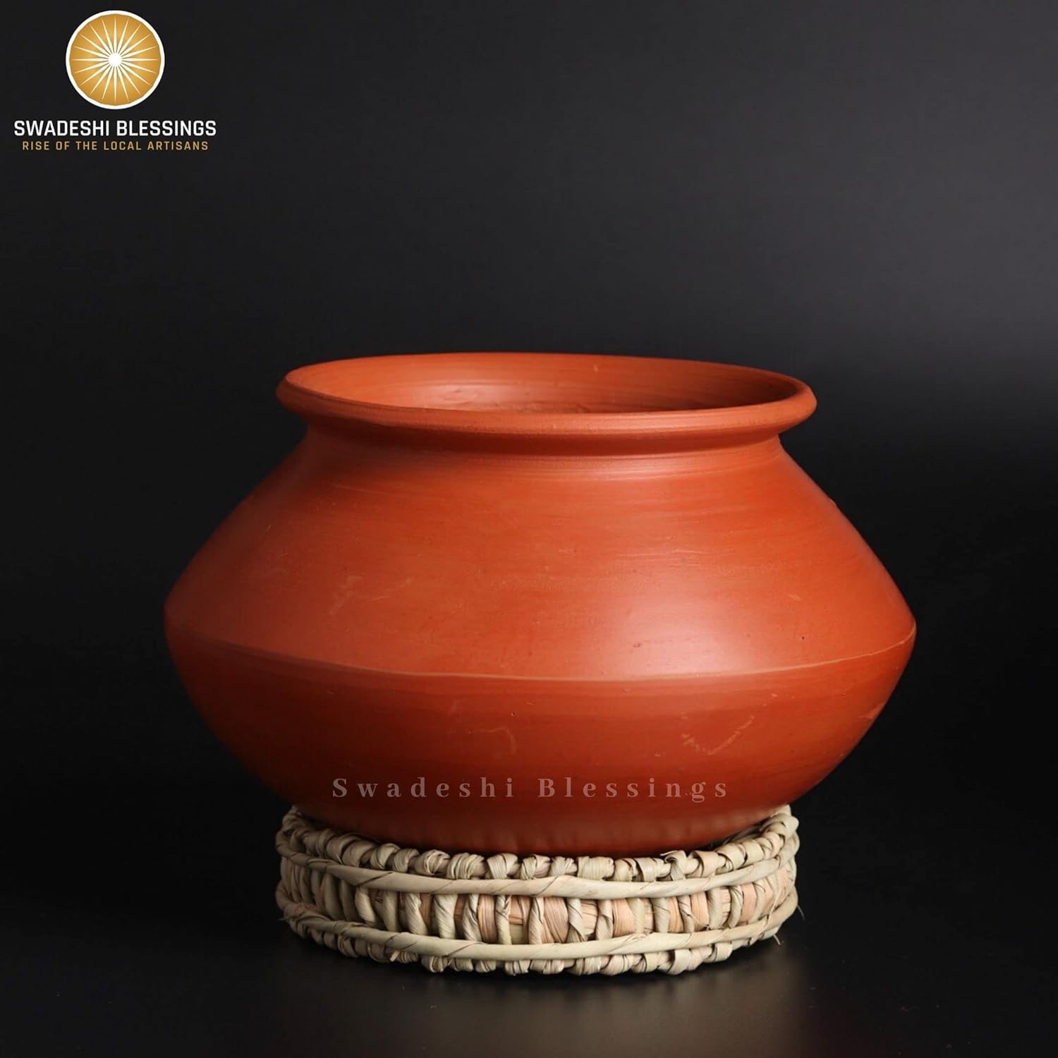 Swadeshi Blessings Exclusive Range Unglazed Mud/Earthen Handi/Mitti Ke Bartan/Clay Pot for Cooking &amp; Serving, (Stone Polished for Mirror Finish) + Free ASH for Cleaning