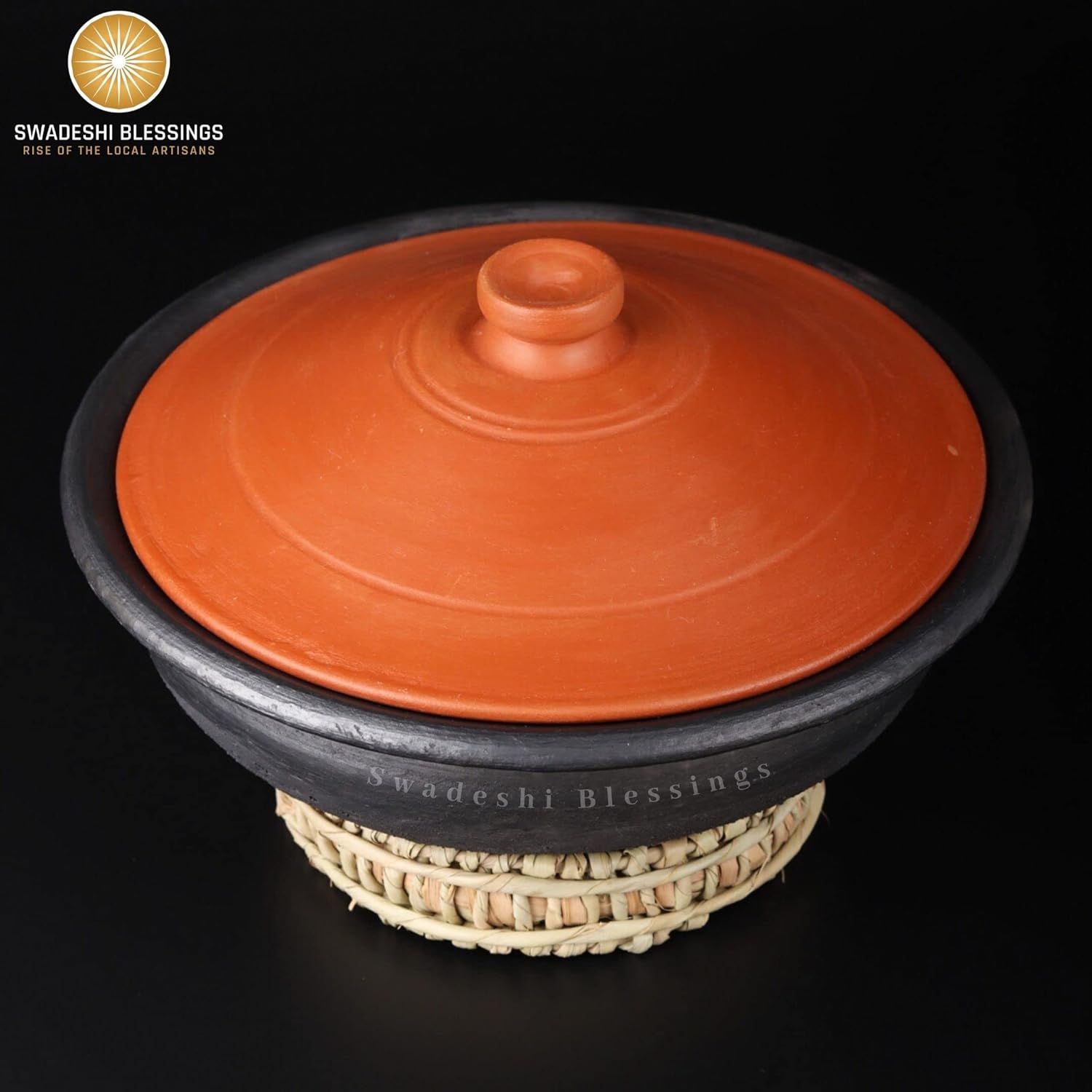 Swadeshi Blessings Exclusive Range Unglazed Earthen Pots/Clay Kadai for Cooking &amp; Serving with Lid 3 Liters (Stone Polished for Mirror Finish) + Free ASH for Cleaning