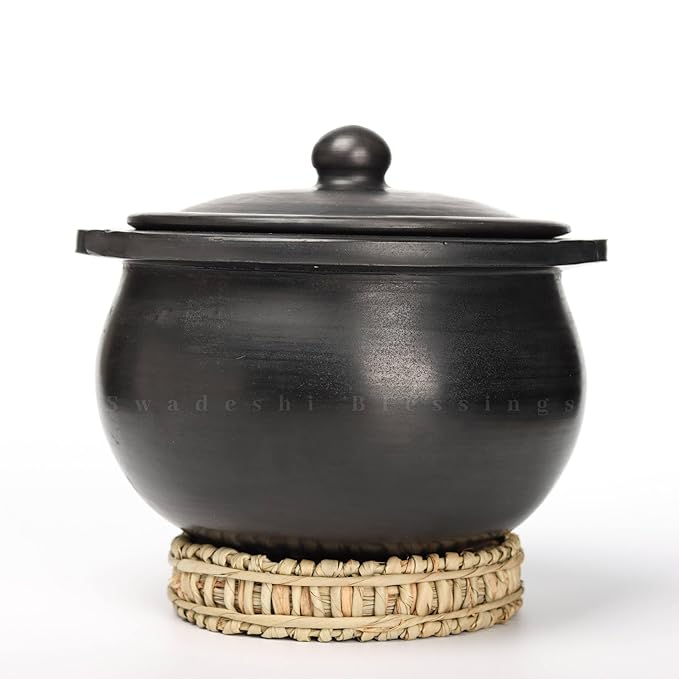 Swadeshi Blessings Unglazed Black Clay Hot Case /Earthen Kadai/Mitti Ke Bartan/Clay Pot for Serving with Lid/Curry, Biryani Pot + Free ASH for Cleaning