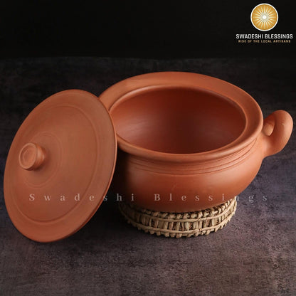 Unglazed Clay Pot For Cooking &amp; Serving with Lid/ Handmade Earthen Kadai / Mud Handi/ Mitti Ke Bartan (With Mirror Finish) + FREE ASH For Cleaning