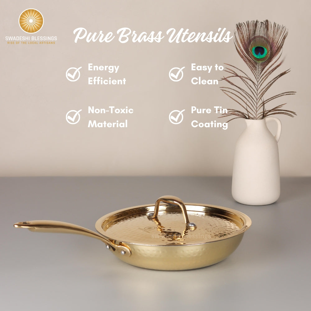 Swadeshi Blessings Exclusive Range Brass Frying Pan for Cooking, with Lid/Teflon-Free/Naturally Non-Stick Brass Utensils with Tin Coating