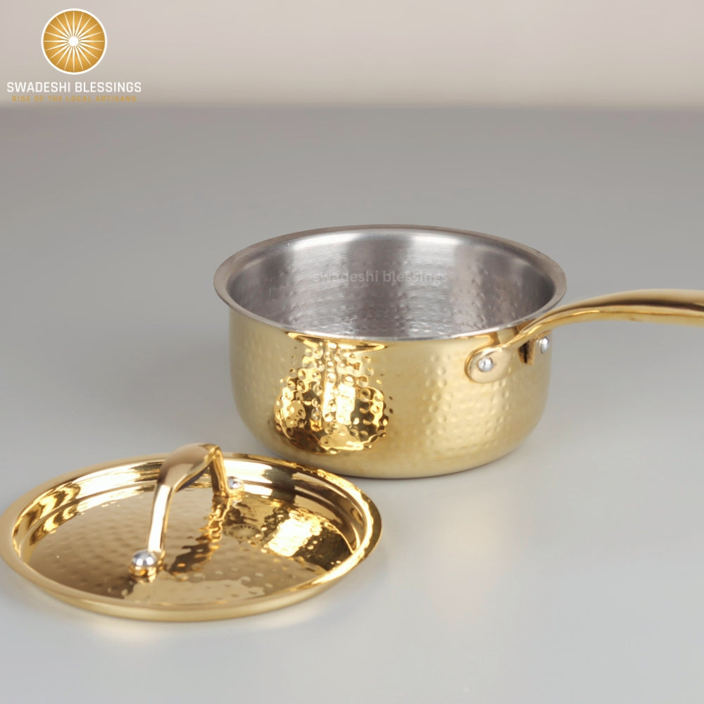 Swadeshi Blessings Exclusive Range Brass Sauce Pan for Cooking, with Lid/Teflon-Free/Naturally Non-Stick Brass Utensils with Tin Coating