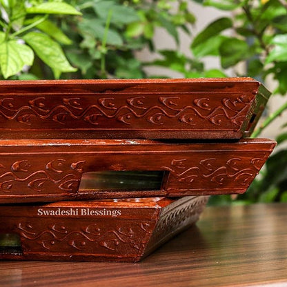 Wooden Serving Tray Set- Handcrafted &amp; Hand-Painted for Kitchen/Table &amp; Home Decor- Brown