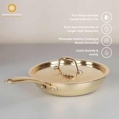 Swadeshi Blessings Exclusive Range Brass Frying Pan for Cooking, with Lid/Teflon-Free/Naturally Non-Stick Brass Utensils with Tin Coating