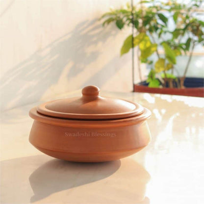 Unglazed Clay Handi/ Handmade Earthen Kadai/ Clay Pot For Cooking &amp; Serving with Lid, 2.8Liters (With Natural White Firing Shade &amp; Mirror Shine) + FREE ASH For Cleaning