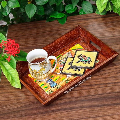 Wooden Serving Tray Set- Handcrafted &amp; Hand-Painted for Kitchen/Table &amp; Home Decor- Brown