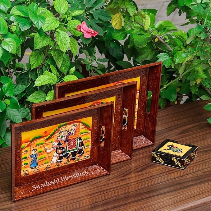 Wooden Serving Tray Set- Handcrafted &amp; Hand-Painted for Kitchen/Table &amp; Home Decor- Brown