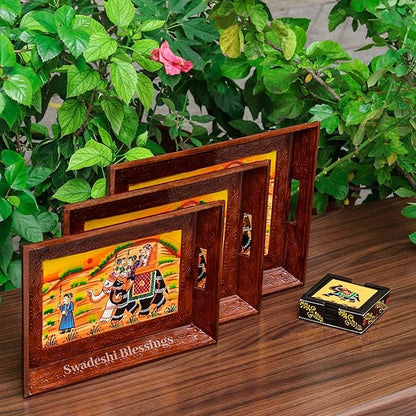 Wooden Tray for Serving- Handcrafted &amp; Hand-Painted for Kitchen/Table &amp; Home Decor/Gifts,  (Single Tray) (Brown)