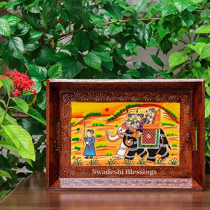 Wooden Tray for Serving- Handcrafted &amp; Hand-Painted for Kitchen/Table &amp; Home Decor/Gifts,  (Single Tray) (Brown)