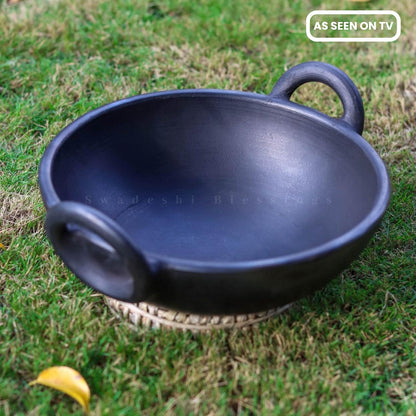 Unglazed Clay Kadai/ Mitti ka Bartan/ Handmade Earthen Kadai for Cooking, 1.8Liters (with Natural Firing Shade &amp; Mirror Shine) + Free ASH for Cleaning