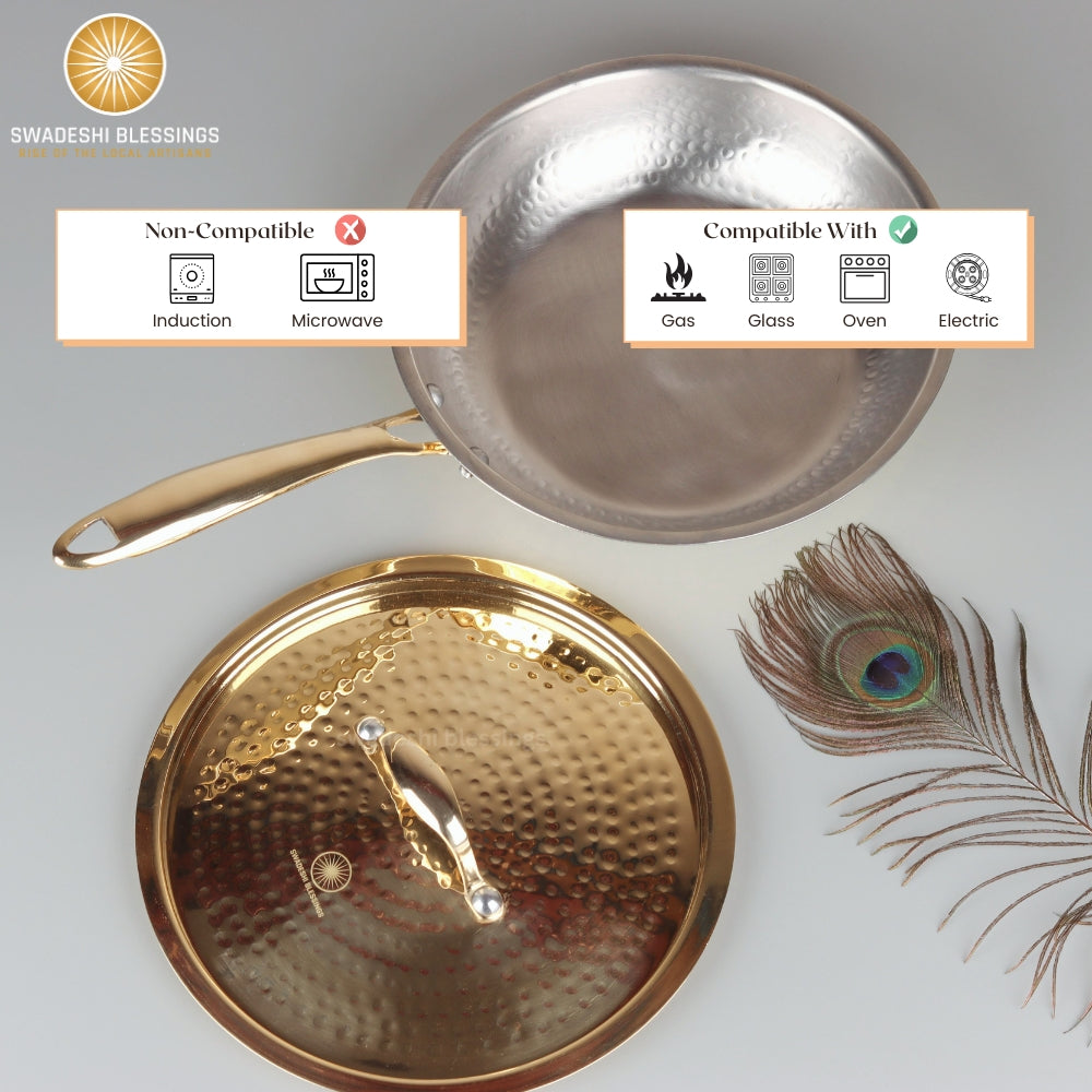 Swadeshi Blessings Exclusive Range Brass Frying Pan for Cooking, with Lid/Teflon-Free/Naturally Non-Stick Brass Utensils with Tin Coating