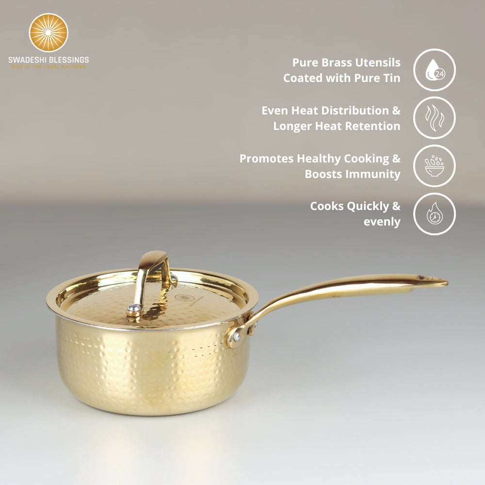 Swadeshi Blessings Exclusive Range Brass Sauce Pan for Cooking, with Lid/Teflon-Free/Naturally Non-Stick Brass Utensils with Tin Coating