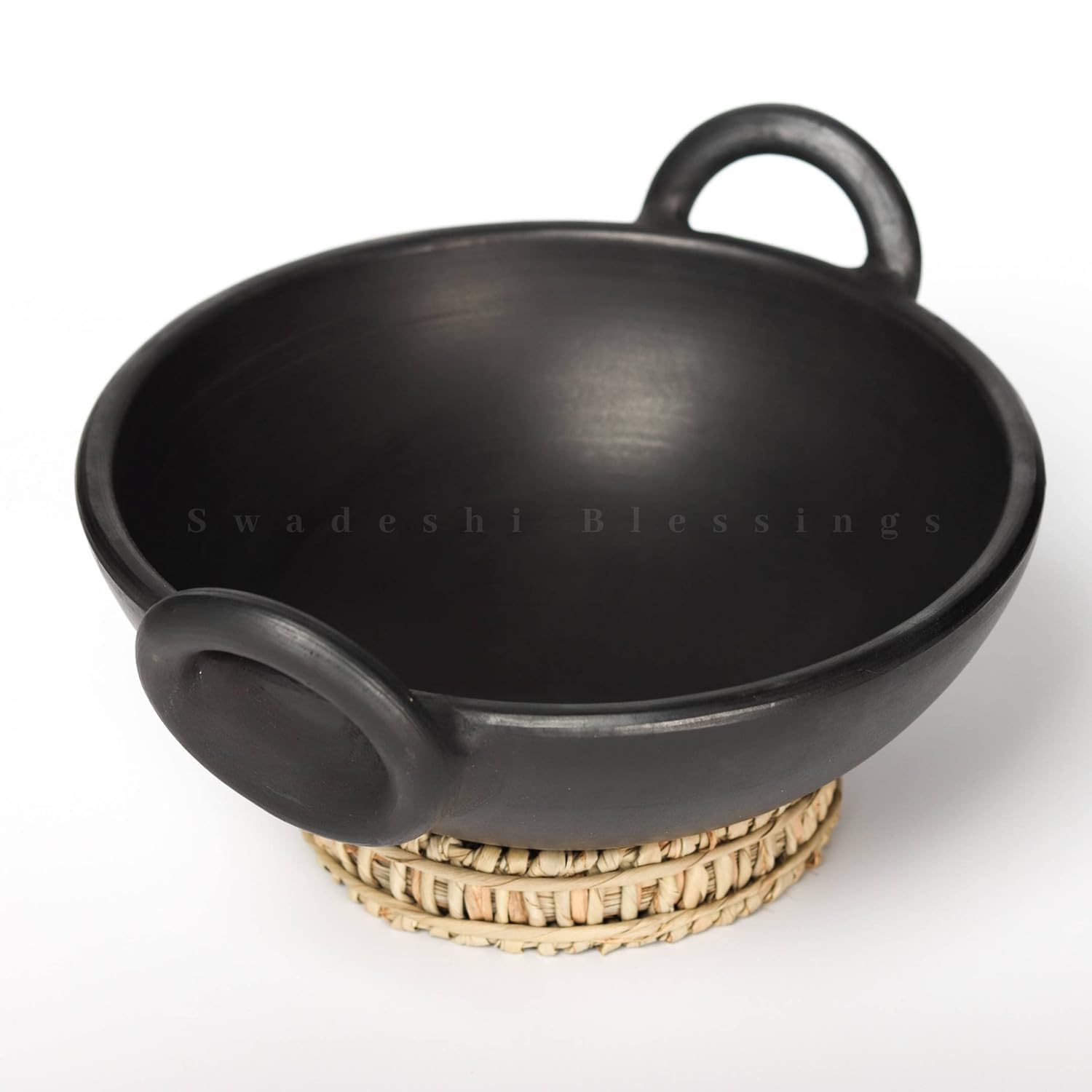 Unglazed Clay Kadai/ Mitti ka Bartan/ Handmade Earthen Kadai for Cooking, 1.8Liters (with Natural Firing Shade &amp; Mirror Shine) + Free ASH for Cleaning