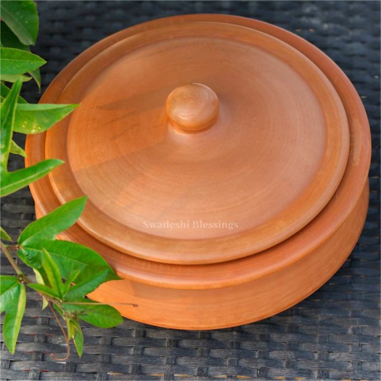 Unglazed Clay Handi/ Handmade Earthen Kadai/ Clay Pot For Cooking &amp; Serving with Lid, 2.8Liters (With Natural White Firing Shade &amp; Mirror Shine) + FREE ASH For Cleaning