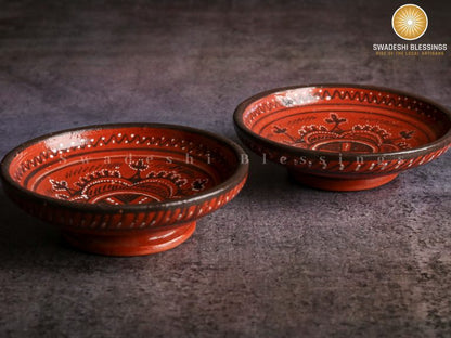 Swadeshi Blessings Antique Hand Painted Embossed Clay Serving Bowl Set of 6/Terracotta Bowls/Earthen Snack Bowl/Mezze Serving Bowl Set/Mud Bowls/Tapas Bowl,5 Inch