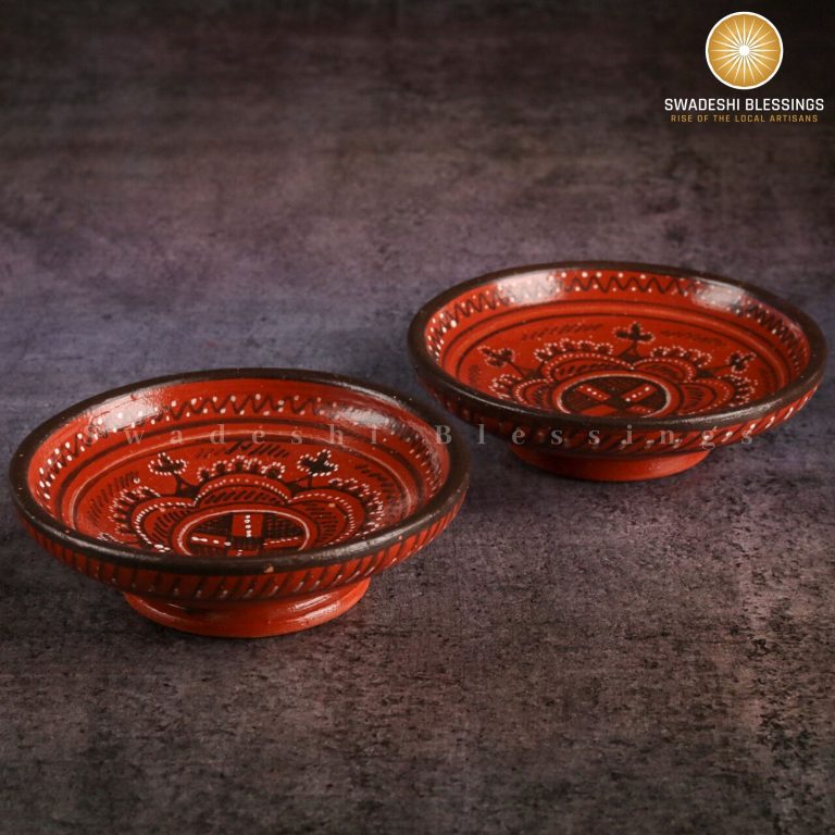 Swadeshi Blessings Antique Hand Painted Embossed Clay Serving Bowl Set of 6/Terracotta Bowls/Earthen Snack Bowl/Mezze Serving Bowl Set/Mud Bowls/Tapas Bowl,5 Inch