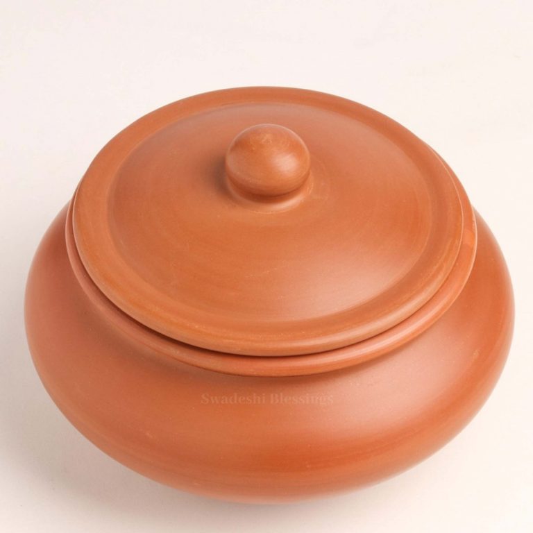 Unglazed Earthen Dahi Handi/ Handmade Curd Pot/ Clay Pot with Lid Also for Serving (with Natural White Firing Shade &amp; Mirror Shine) + Free ASH for Cleaning (Traditional-1Ltr)