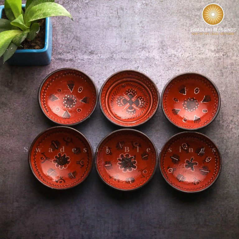 Swadeshi Blessings Antique Hand Painted Embossed Clay Serving Bowl Set of 6/Terracotta Bowls/Earthen Snack Bowl/Mezze Serving Bowl Set/Mud Bowls/Tapas Bowl,5 Inch