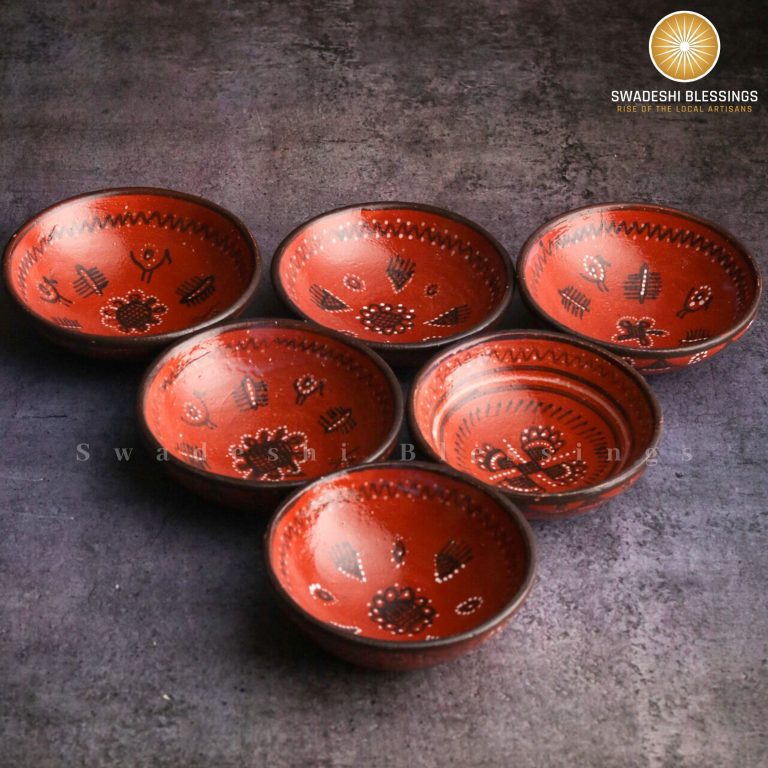 Swadeshi Blessings Antique Hand Painted Embossed Clay Serving Bowl Set of 6/Terracotta Bowls/Earthen Snack Bowl/Mezze Serving Bowl Set/Mud Bowls/Tapas Bowl,5 Inch