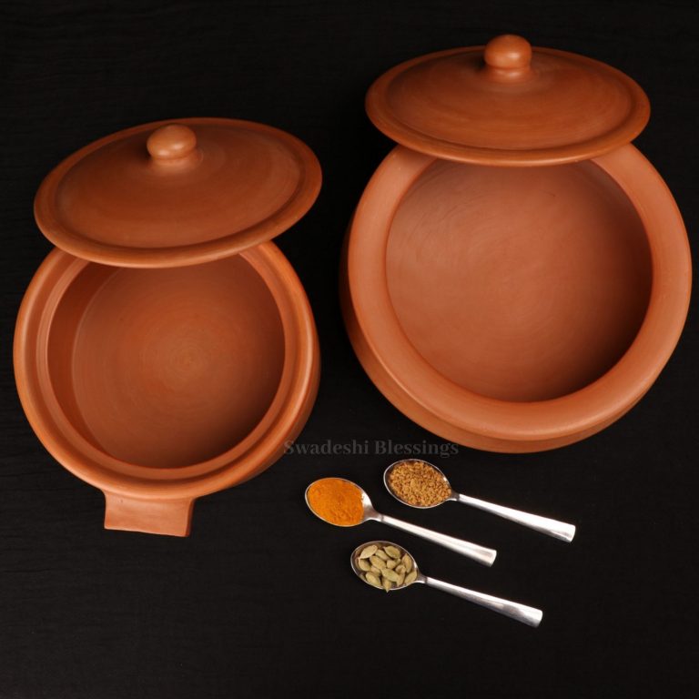 Swadeshi Blessings Exclusive Range Unglazed Clay Handi/Hot Case/Earthen Kadai/Clay Pots Combo For Cooking &amp; Serving With Lid, 2.8Liters Each (With Natural Firing Shade )+FREE ASH For Cleaning