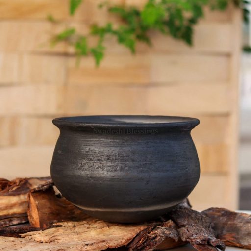 Swadeshi Blessings Exclusive Range Unglazed Earthen Dahi Handi/Curd Pot/Mud Handi/Clay Pot Combo for Cooking &amp; Serving, 900ml Each(Natural Black Firing Shade &amp; Mirror Shine) + Free ASH for Cleaning