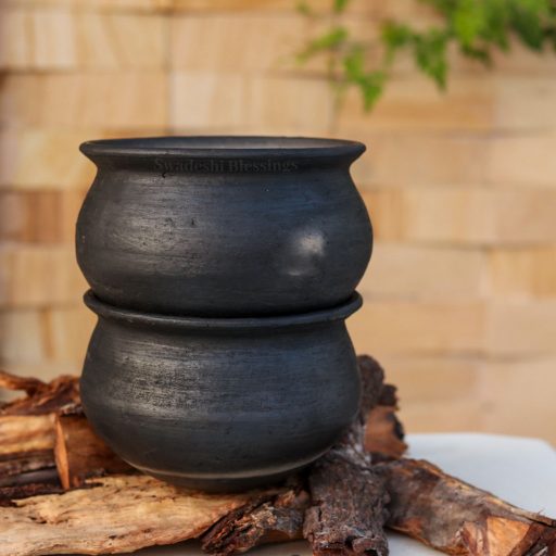 Swadeshi Blessings Exclusive Range Unglazed Earthen Dahi Handi/Curd Pot/Mud Handi/Clay Pot Combo for Cooking &amp; Serving, 900ml Each(Natural Black Firing Shade &amp; Mirror Shine) + Free ASH for Cleaning