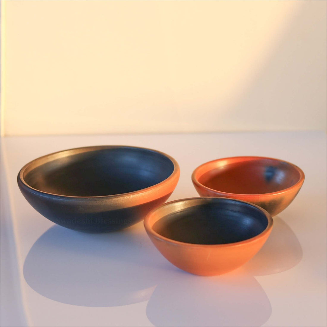 Swadeshi Blessings Exclusive Range Unglazed Clay Bowl Set with Natural Black Firing Effect &amp; Seamless Mirror Finish/Earthen Serving Bowl