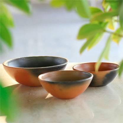 Swadeshi Blessings Exclusive Range Unglazed Clay Bowl Set with Natural Black Firing Effect &amp; Seamless Mirror Finish/Earthen Serving Bowl