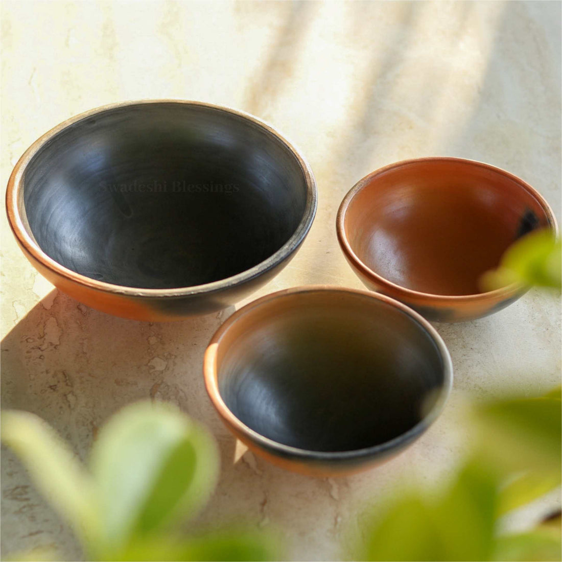 Swadeshi Blessings Exclusive Range Unglazed Clay Bowl Set with Natural Black Firing Effect &amp; Seamless Mirror Finish/Earthen Serving Bowl